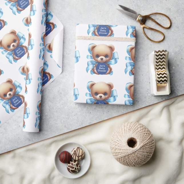 Teddy Bear Blue Baby Shower Wrapping Paper (Crafts)