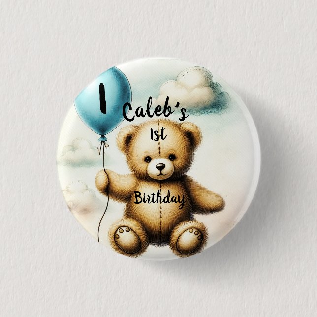 Teddy Bear Blue Balloon 1st Birthday Party 1 Inch Round Button (Front)