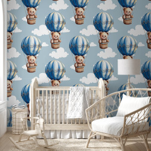 Teddy Bear Blue Balloon Baby Nursery Room Wallpaper