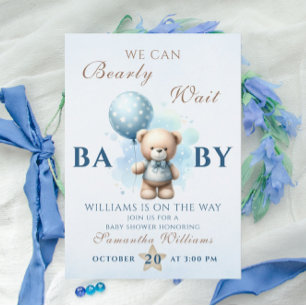Teddy Bear Blue Balloon Baby Shower Bearly Invitation