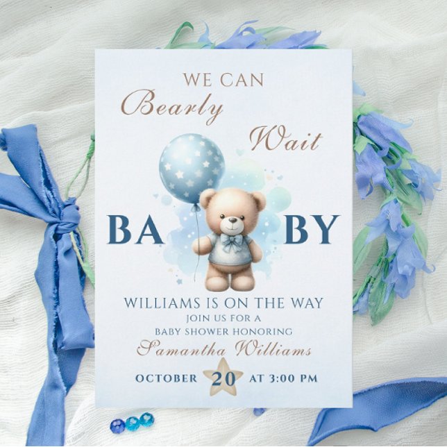 Teddy Bear Blue Balloon Baby Shower Bearly Invitation (Creator Uploaded)