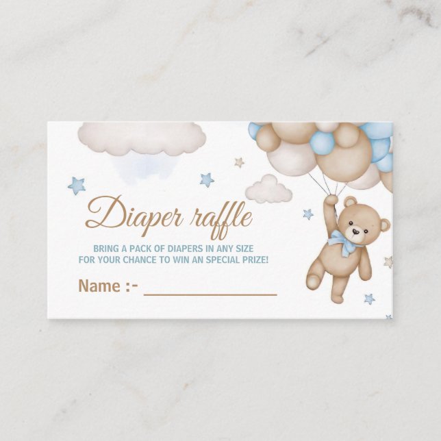 Teddy Bear Blue Balloon Baby Shower Diaper Raffle Enclosure Card (Front)