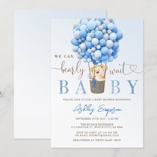 Teddy Bear Blue Balloon Baby Shower Invitation