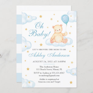 Teddy Bear Blue Balloon Baby Shower Invitation