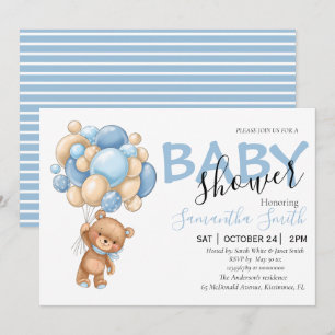 Teddy Bear Blue Balloon Baby Shower Invitations