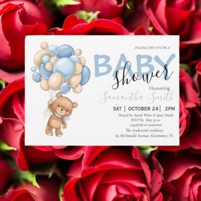 Teddy Bear Blue Balloon Baby Shower Invitations  (Celebrate your little one with adorable teddy bear blue balloon baby shower invitations.)