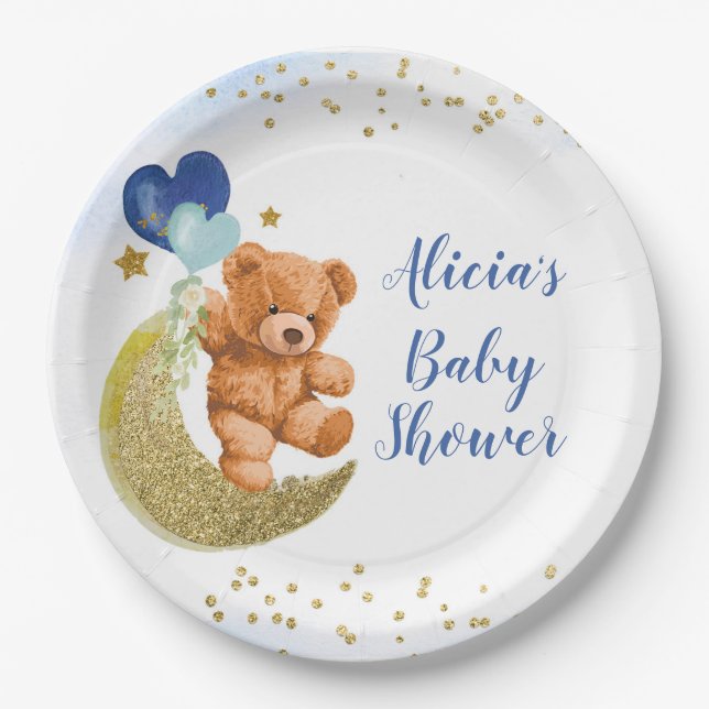Teddy Bear Blue Balloon Baby Shower Paper Plate (Front)