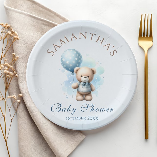 Teddy Bear Blue Balloon Bearly Baby Boy Shower Paper Plate (Creator Uploaded)