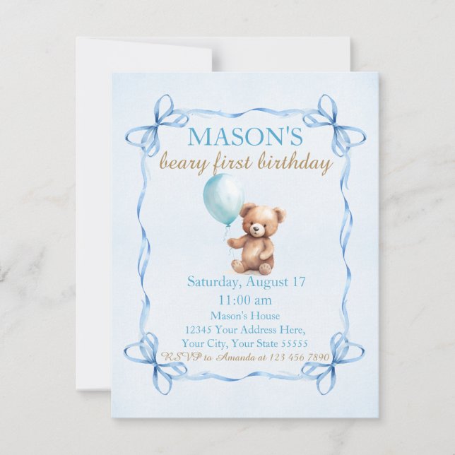 Teddy Bear Blue Balloon Beary First Birthday  Invitation (Front)