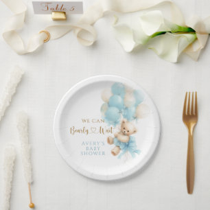 Teddy Bear Blue Balloon Bow Baby Boy Shower Paper Plate