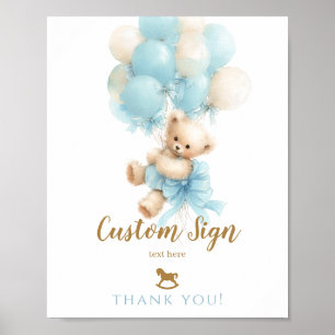 Teddy Bear Blue Balloon Bow Baby Boy Shower Poster