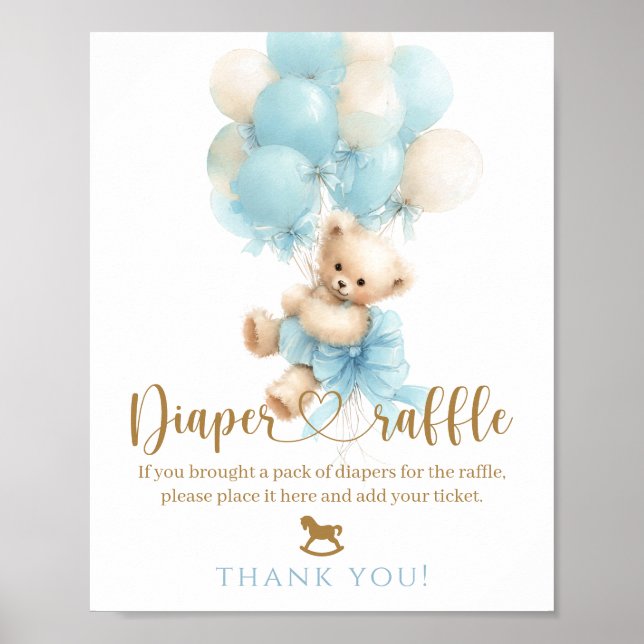 Teddy Bear Blue Balloon Bow Baby Boy Shower Poster (Front)