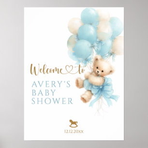 Teddy Bear Blue Balloon Bow Baby Boy Shower Poster