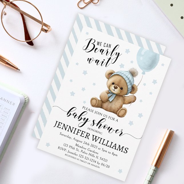 Teddy bear blue balloon boy baby shower invitation (Creator Uploaded)