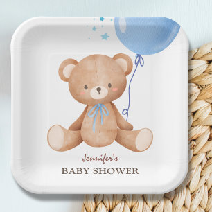 Teddy Bear Blue Balloon Boy Baby Shower Paper Plate