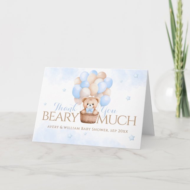 Teddy Bear Blue Balloon Boy Baby Shower  Thank You Card (Front)