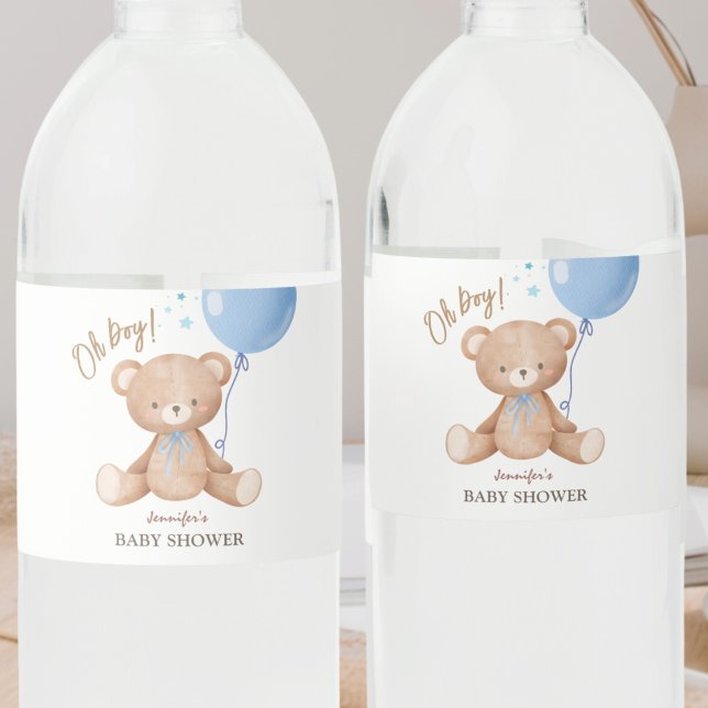 Teddy Bear Blue Balloon | Boy Baby Shower Water Bottle Label (Creator Uploaded)