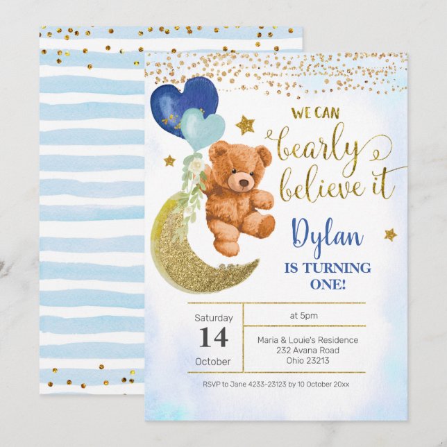Teddy Bear Blue Balloon Boy Invitation Anniversair (Devant / Derrière)