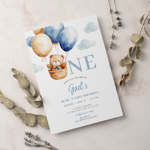 Teddy Bear Blue Balloon First Birthday Invitation