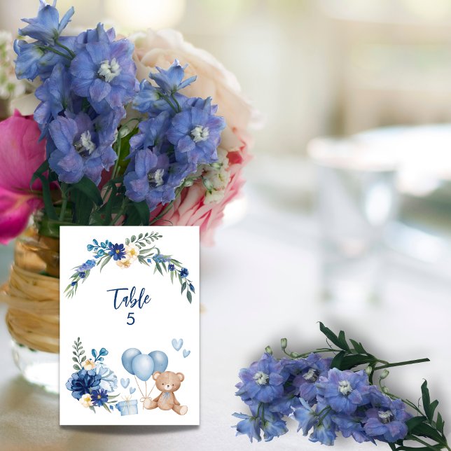 Teddy Bear Blue Balloon Watercolor Flower Table Number (Creator Uploaded)