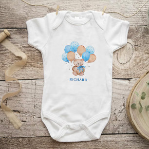 Teddy bear blue balloons baby bodysuit
