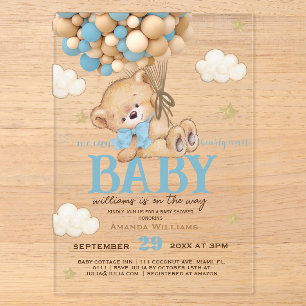 Teddy Bear Blue Balloons Baby Shower	 Acrylic Invitations