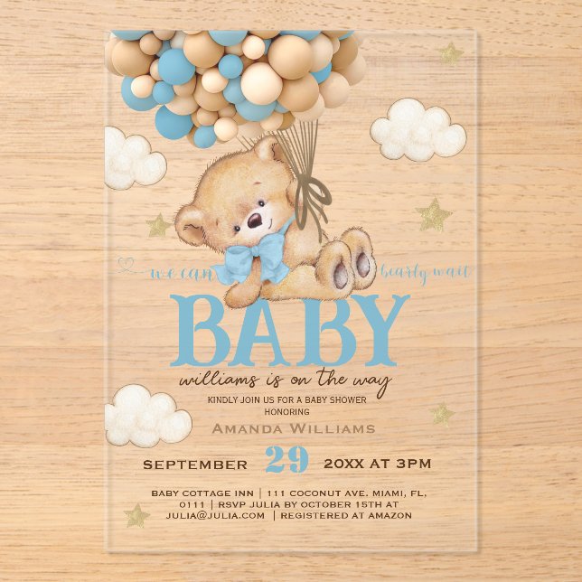 Teddy Bear Blue Balloons Baby Shower	 Acrylic Invitations (Front)