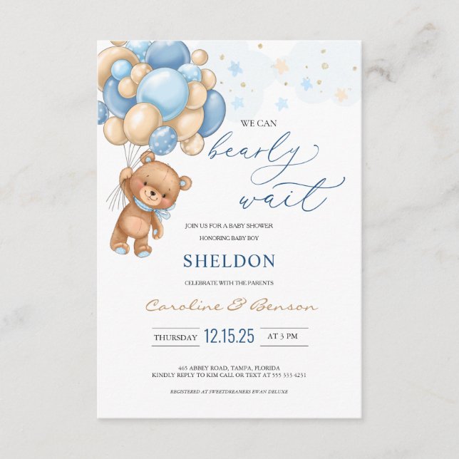 Teddy Bear Blue Balloons Baby Shower Invitation (Front)