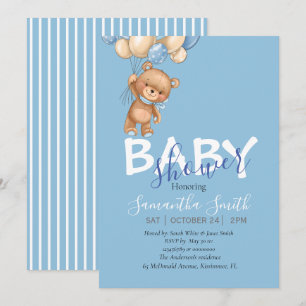Teddy Bear, blue Balloons Baby Shower Invitation