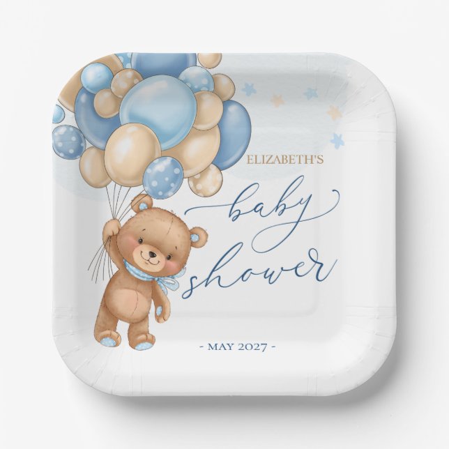 Teddy Bear Blue Balloons Baby Shower Paper Plates (Front)