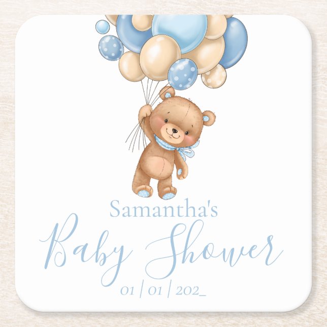 Teddy Bear Blue Balloons Baby Shower  Square Paper Coaster (Front)