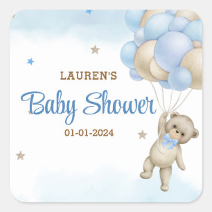 Teddy Bear Blue Balloons Baby Shower Square Sticker