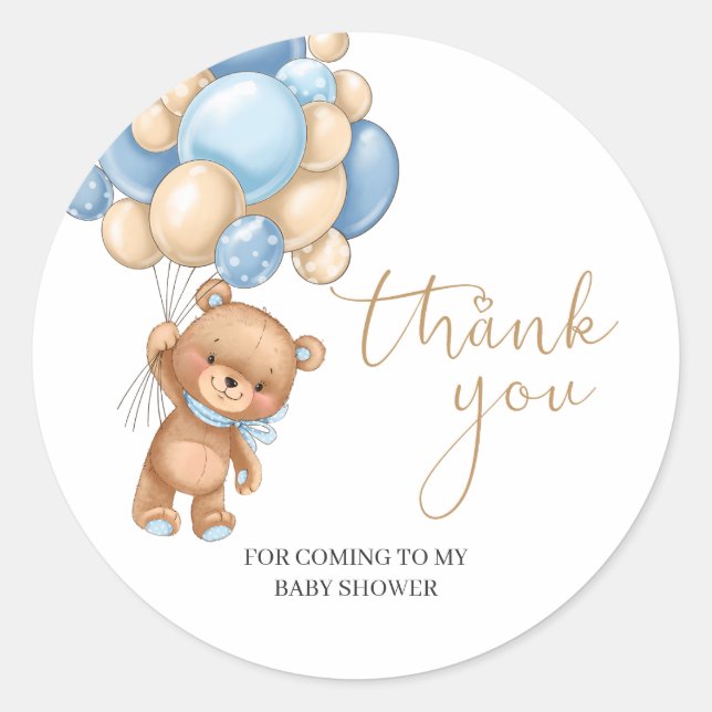 Teddy Bear Blue Balloons Baby Shower Thank You Cla Classic Round Sticker (Front)