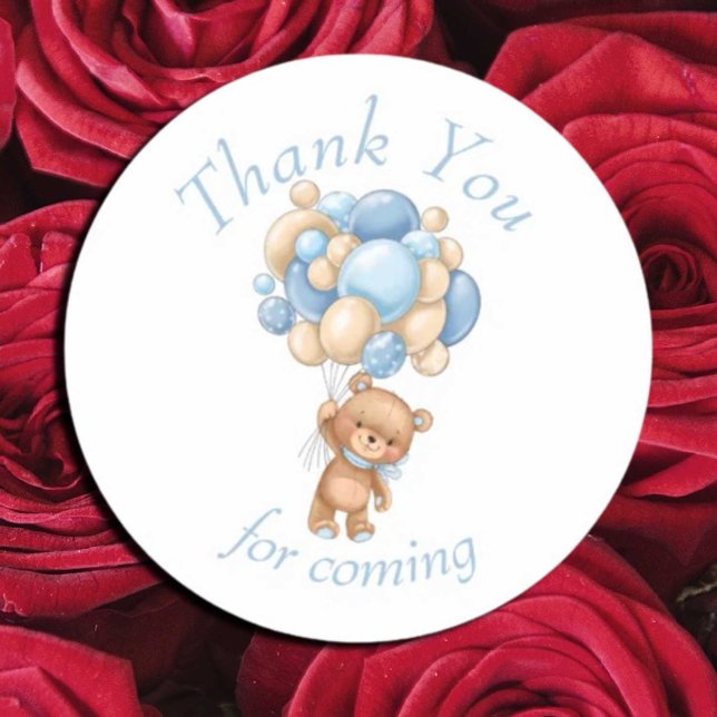 Teddy Bear Blue Balloons Baby Shower Thank You Classic Round Sticker (We can Bearly Wait, Thank You sticker)