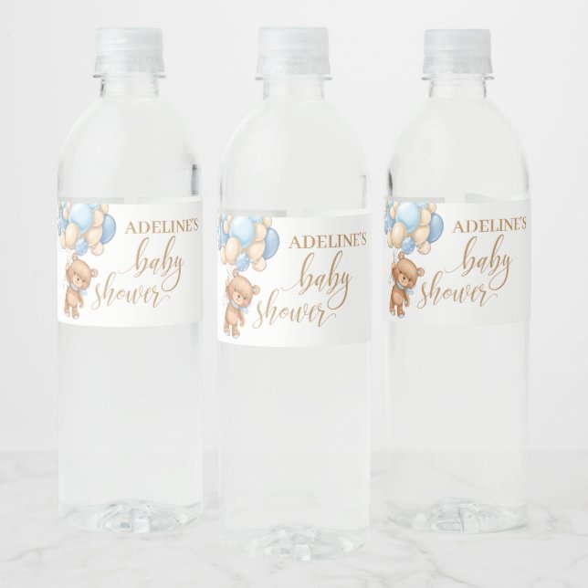 Teddy Bear Blue Balloons  Baby Shower Water Bottle Label (Bottles)