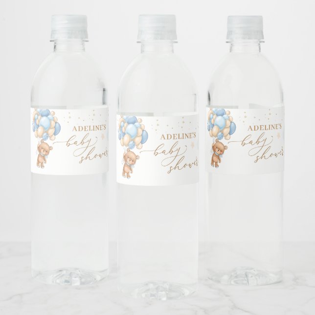 Teddy Bear Blue Balloons  Baby Shower Water Bottle Label (Bottles)
