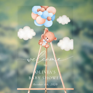 Teddy Bear, Blue Balloons, Baby Shower Welcome Acrylic Sign