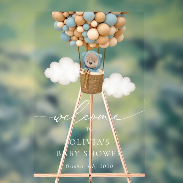 Teddy Bear, Blue Balloons, Baby Shower Welcome Acrylic Sign (Neutral)