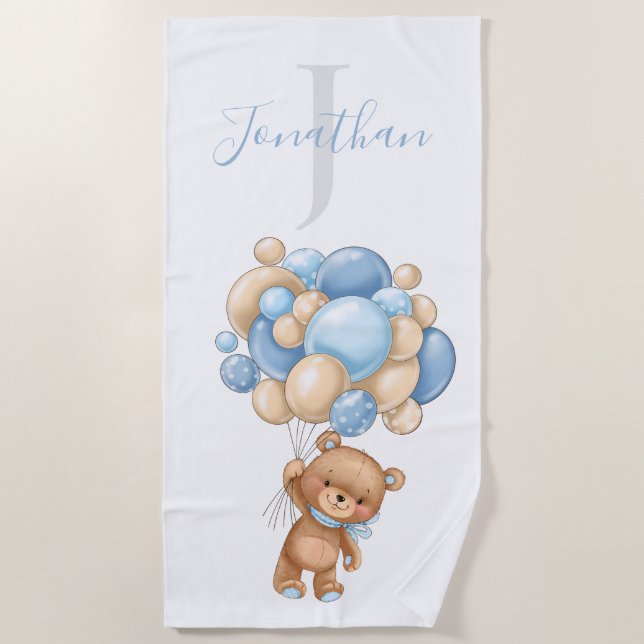 Teddy Bear Blue Balloons beach towel for kids  (Front)