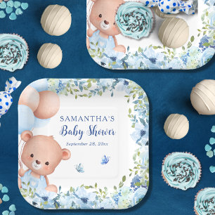 Teddy Bear Blue Balloons Bearly Wait Baby Shower Paper Plate