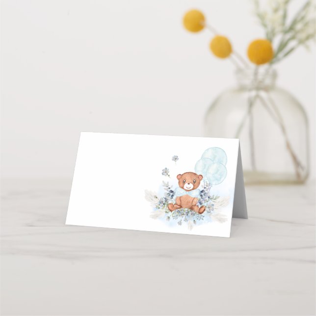 Teddy Bear Blue Balloons Bearly Wait Baby Shower Place Card (Front)