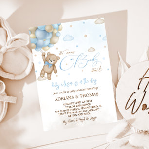 Teddy Bear Blue Balloons Boy Baby Shower Invitation