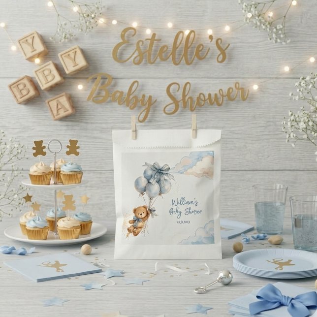 Teddy Bear Blue Balloons Clouds Baby Boy Favour Bag (Creator Uploaded)