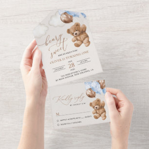 Teddy Bear, Blue Balloons, First Birthday All In One Invitation