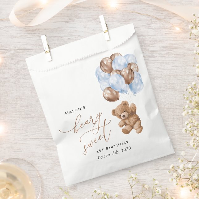 Teddy Bear, Blue Balloons, First Birthday Favour Bag (Clipped)