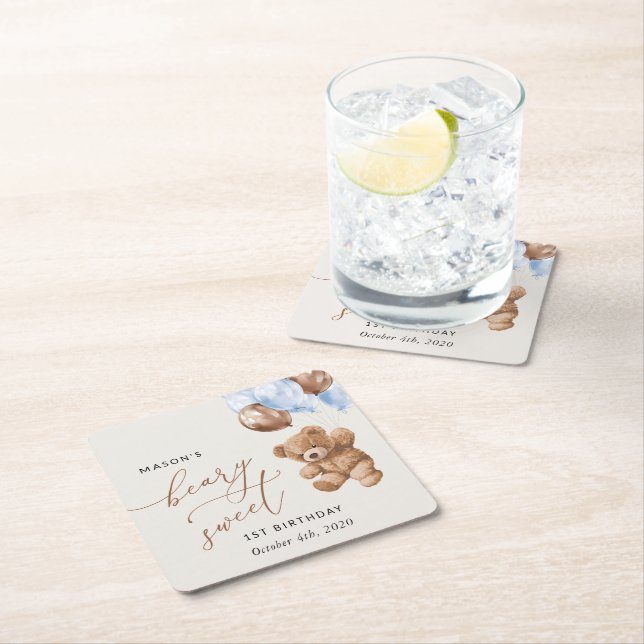 Teddy Bear, Blue Balloons, First Birthday Square Paper Coaster (Insitu)