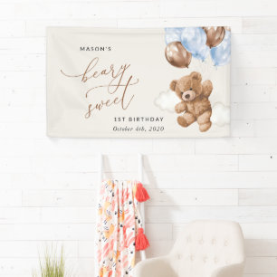 Teddy Bear, Blue Balloons, First Birthday Welcome Banner