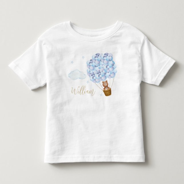 Teddy Bear Blue Balloons Gold Script Toddler T-shirt (Front)