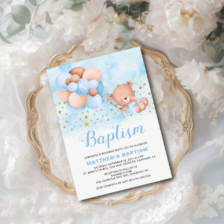 Teddy Bear Blue Balloons Gold Stars Baptism Invitation