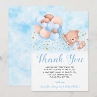 Teddy Bear Blue Balloons Gold Stars Baptism Thank You Card